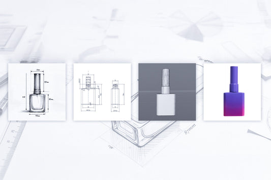 Gel polish bottle development board with dimensions and white and purple bottle concepts