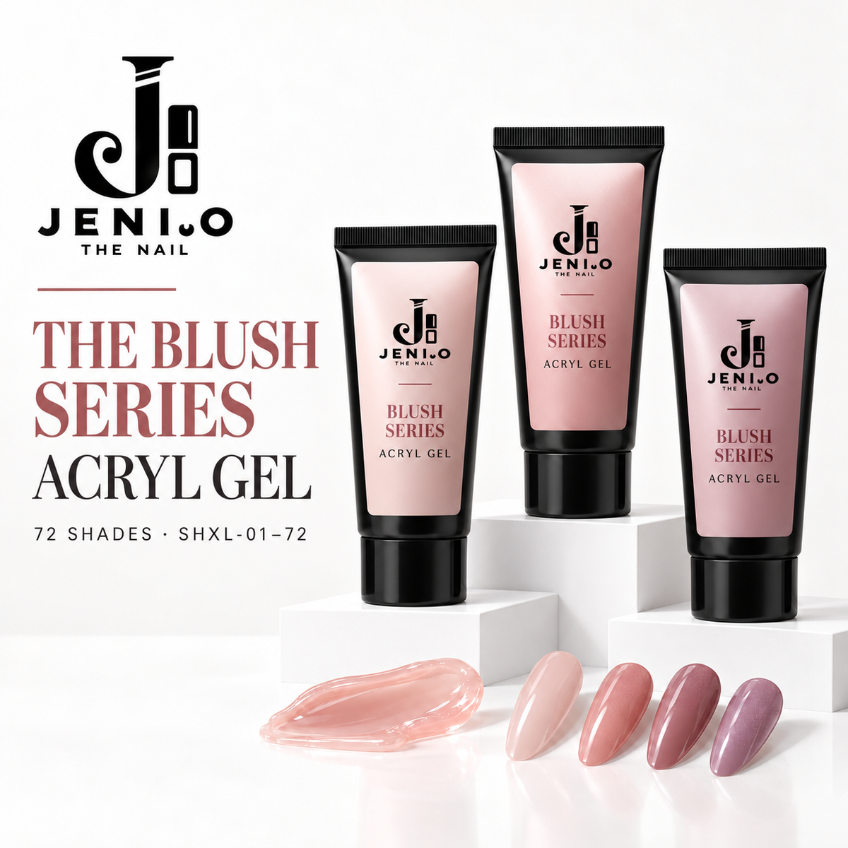 JENICO The Blush Series Acryl Gel display image, opaque tubes and blush gel