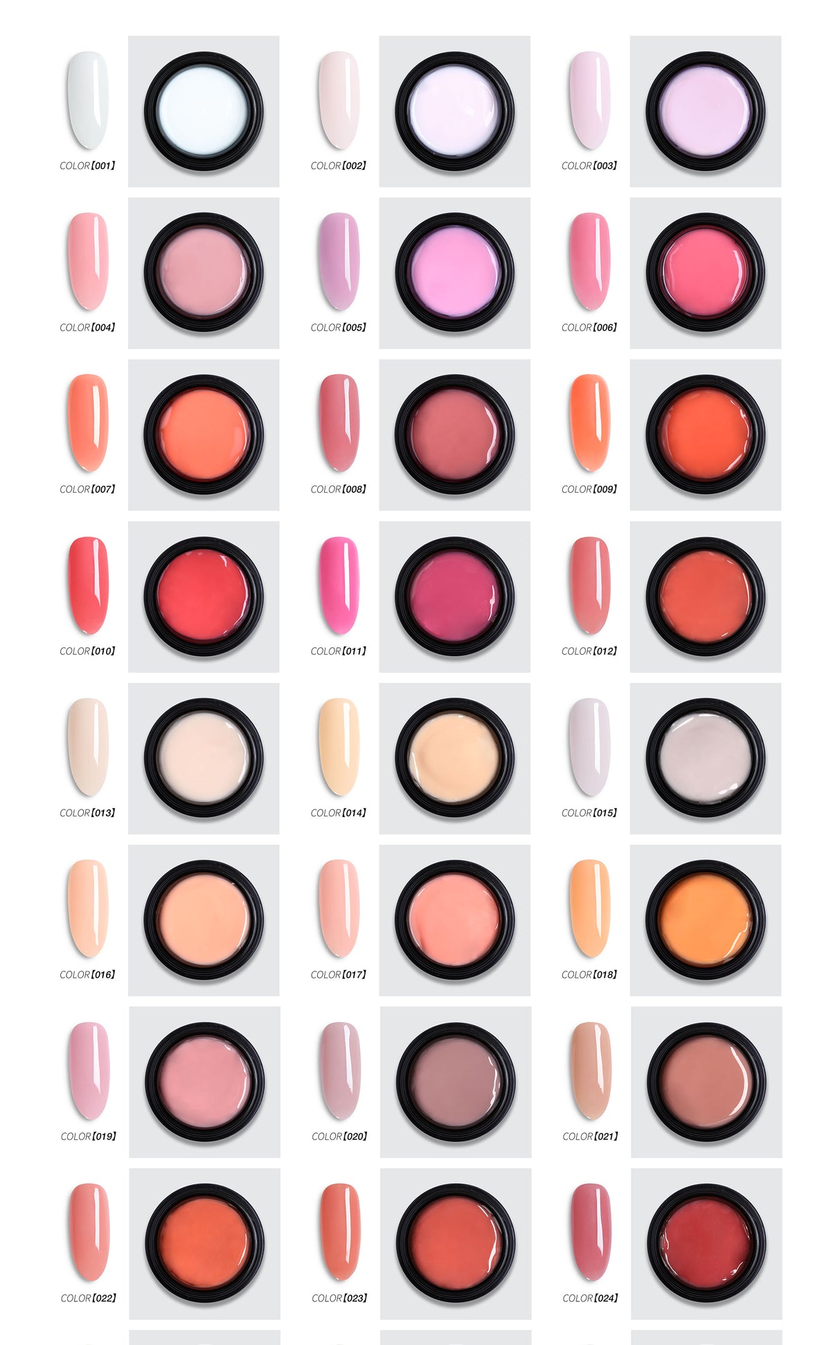 Cream Builder Gel original shade chart section 1 of 4, colors 001 through 099