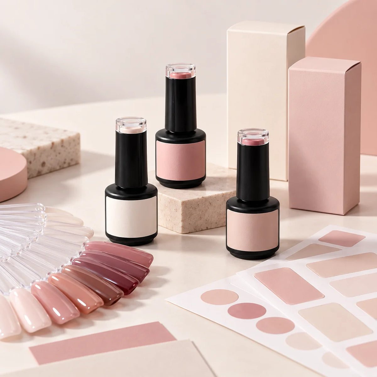 Unbranded gel polish bottles, nail color swatches, and custom packaging prototypes
