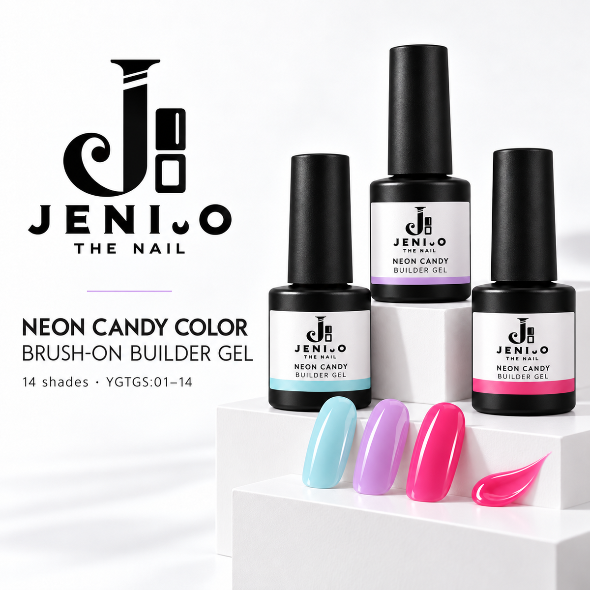 JENICO Neon Candy Color Brush-on Builder Gel collection display