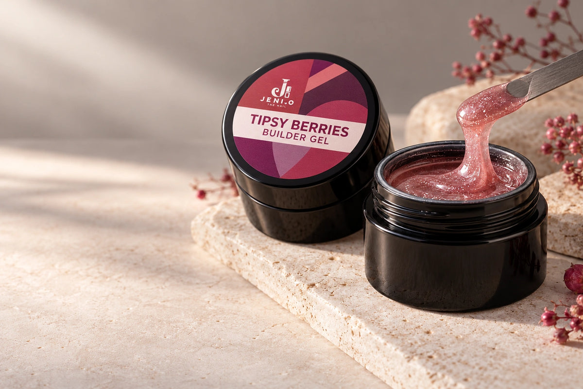 JENICO Tipsy Berries Builder Gel labeled black jar and rose shimmer